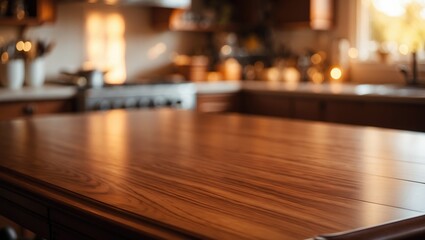 Poster - Empty wooden tabletop featuring bokeh lights against a blurred background.