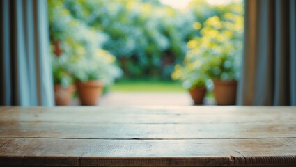 Poster - Empty wooden table surface in front of a blurred curtained open window view overlooking a lush green summer garden backdrop.