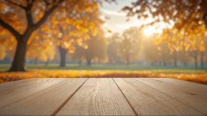 Poster - Empty wooden table set against an autumn backdrop for a catering or food theme with an outdoor setting.