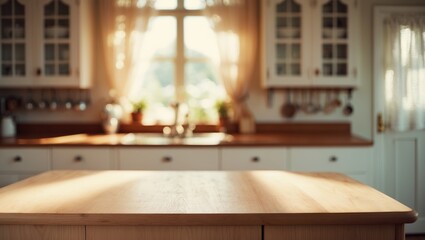 Poster - Empty wooden desk in front of a blurred kitchen window for product display.