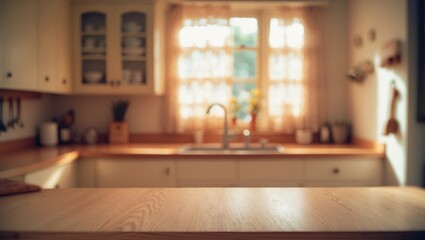 Poster - Empty wooden desk in front of a blurred kitchen window for product display
