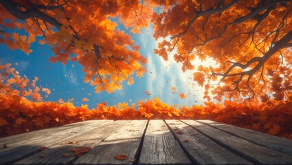 Poster - Empty wooden table mockup against a background featuring copy space for text, mockup for displaying your product and creating montages for the season, thanksgiving, and Halloween holiday concept.