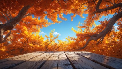 Poster - Empty wooden table mockup set against a backdrop with space for text, Mockup for showcasing your product and montage for seasonal themes, Thanksgiving and Halloween holiday concept.