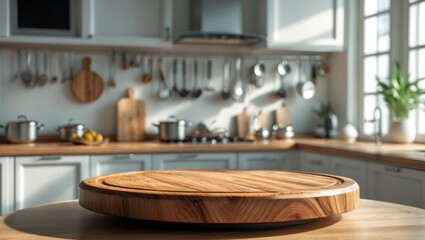 Poster - Beautiful round wood tabletop counter in a clean and bright kitchen interior, empty and ready for display, banner for product montage.
