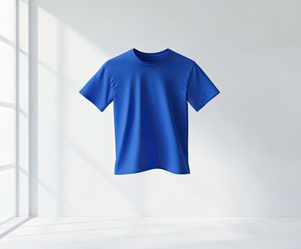 A vibrant blue, classic t-shirt, digitally rendered in a minimalist studio setting