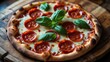 © Cyber Shutter - Close-up of pepperoni pizza featuring basil. Textured pizza background.
