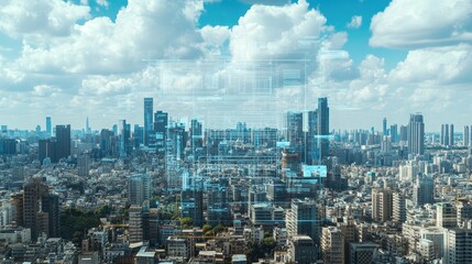 Poster - Augmented reality interface displaying a digital construction plan over a city skyline.