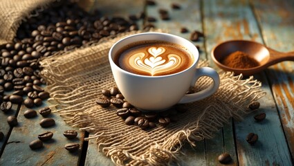 Poster - Cup of latte coffee featuring a heart shape, with coffee beans on a rustic wooden background.