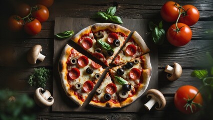 Aufkleber - Delicious Pepperoni Pizza Topped with Mushrooms on a Dark Rustic Surface