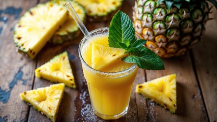 Poster - Tasty pineapple juice and fresh fruit on a wooden table, closeup