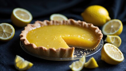 Poster - Tempting lemon pie showcased against a dark background. Close-up of the delicious dessert and fresh lemons.