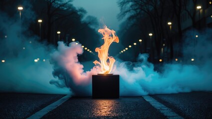 Aufkleber - Dark street asphalt abstract blue background, empty scene with flames burning and smoke rising, showcasing interior texture for product display.