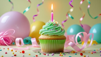 Aufkleber - Tasty birthday cupcake featuring a lit candle, sprinkles, and a backdrop of streamers.