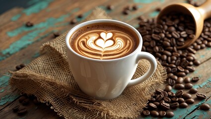 Poster - Cup of latte coffee with heart shape design and coffee beans on aged wooden background.