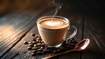 Poster - Cup of coffee with milk set against a dark backdrop. A hot latte or cappuccino made with milk placed on a wooden surface.