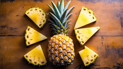Aufkleber - Fresh pineapple being sliced on a wooden surface.