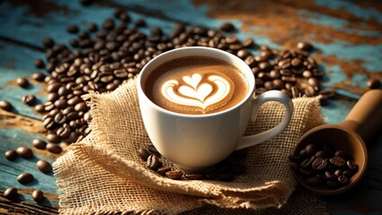Poster - Cup of latte coffee featuring a heart shape, with coffee beans on a rustic wooden background.