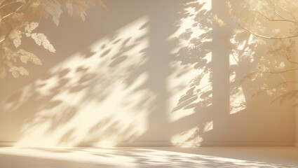 Poster - Dappled shadows of a branch with leaves and sunlight cast on a white wall and floor, creating a sunny abstract backdrop.