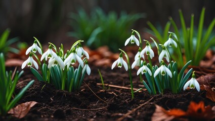 Poster - Delicate snowdrop flowers with white petals and yellow stamens sprout from the rich brown soil, indicating the arrival of spring in a vibrant garden filled with greenery.