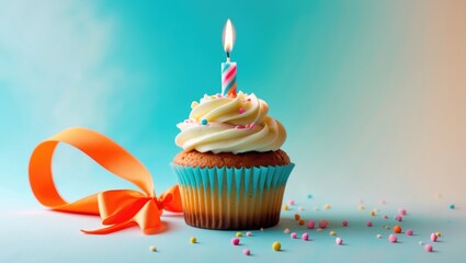 Aufkleber - Tasty birthday cupcake with a candle in the background