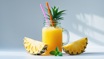 Aufkleber - Delicious pineapple juice with fresh fruit and mint on a white background.