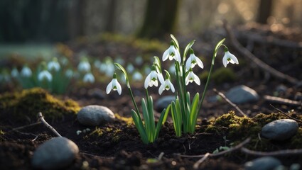 Poster - Delicate snowdrop flowers rise from the fertile soil, revealing their white petals and green stems. This vibrant scene highlights the beauty of nature's awakening.
