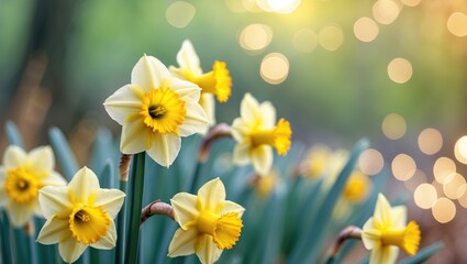Aufkleber - Daffodils in a stunning natural scenery with bokeh in the background.
