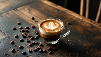Poster - Cup of coffee with milk on a dark surface. Hot latte or made with milk on a wooden tabletop with space for text.