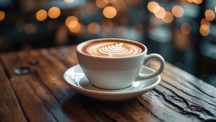 Poster - Cup of latte coffee on wooden bar