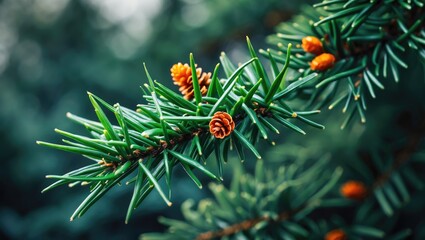 Green spruce branch. Textured background of Christmas tree branch with green needles and orange cones. Close-up for a greeting card.