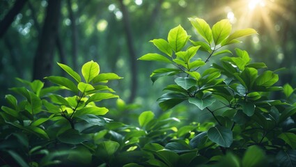 Poster - Green leaves illuminated by sunshine.