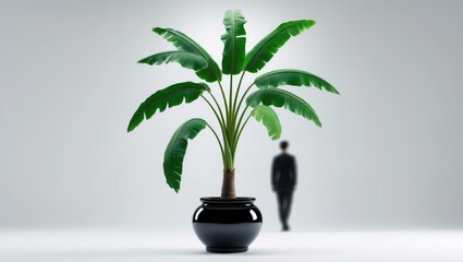 Poster - Decorative banana tree in a black ceramic pot set against a white background.