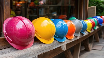 Poster - A row of brightly colored hard hats resting on a wooden bench outside a construction site entrance.