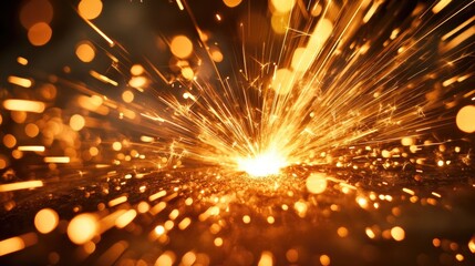 Poster - Blazing sparks flying in all directions during welding against a futuristic orange-red gradient.
