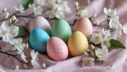 Poster - Easter eggs arranged on a fabric surface accompanied by spring blossoms.