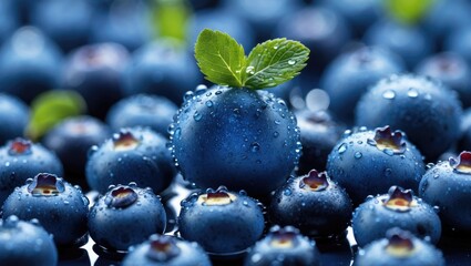 Poster - Drops of water on a ripe sweet blueberry. Fresh blueberry backdrop with space for text. Vegan and vegetarian idea. Macro texture of the berries. Close-up texture of the berries.