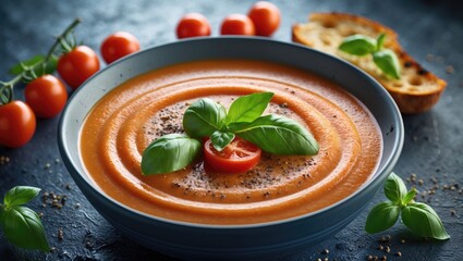 Poster - Tasty tomato cream soup presented on a textured table. Space available for text.