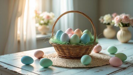 Poster - Easter vibrant eggs in a basket on a light wooden table. Cheerful background with space for text.