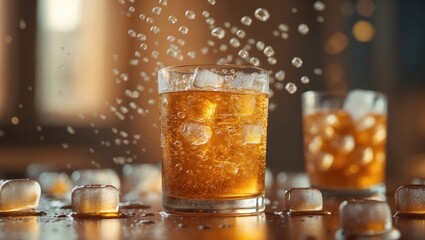 Poster - Detail of cider with ice cubes in a glass. Extreme close-up, background of fresh beverages.