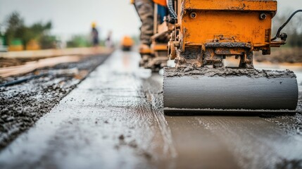 Poster - Close-up of a concrete vibratory screed smoothing out freshly poured material on a large surface.