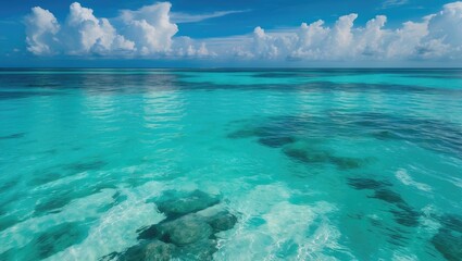 Poster - Clear sea water bay. Pristine ocean lagoon with a sunny and cloudy sky, idyllic relaxing seascape. Transparent surface, exotic travel. Summer backdrop, beach view.
