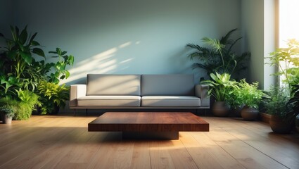 Poster - Contemporary living room featuring a sofa, table, plants, and wooden flooring, displaying a minimalist lifestyle with a simple blue wall.