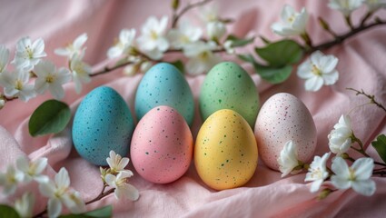 Poster - Easter eggs displayed on a fabric backdrop adorned with spring blossoms.