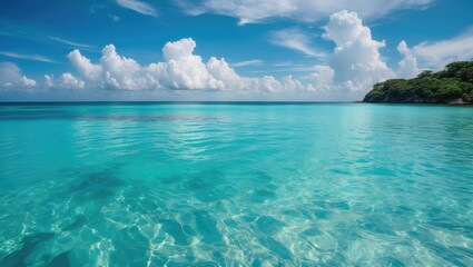 Poster - Crystal clear sea water cove. Pristine ocean lagoon with a sunny cloudy sky, idyllic relaxing seascape. Transparent surface, exotic getaway. Summer backdrop, beach scenery.