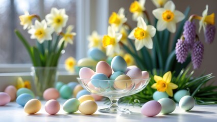 Poster - Easter eggs and spring blooms arranged on a white table