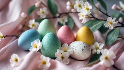 Poster - Easter eggs arranged on a fabric backdrop accompanied by spring blossoms.