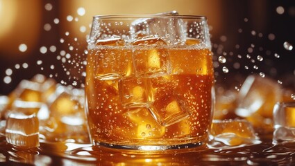 Poster - Detail of cider with ice cubes in a glass. Extreme close-up, background of fresh beverages.