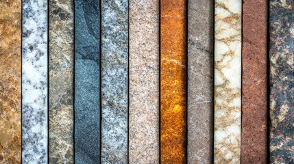Poster - Collection of polished granite slabs in different shades, arranged vertically in a warehouse, ready for countertops and flooring.