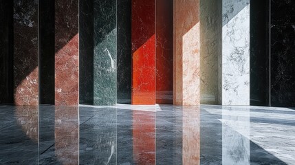 Poster - Collection of polished granite slabs in different shades, arranged vertically in a warehouse, ready for countertops and flooring.