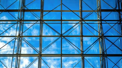 Poster - Construction scaffolding forming geometric patterns against the backdrop of a blue sky.